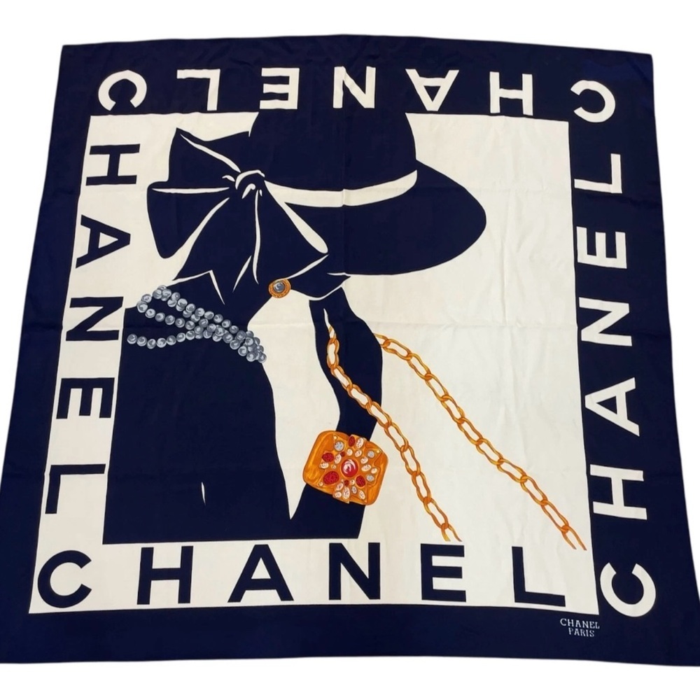 Chanel Navy White Mademoiselle Gripoix Silk Scarf - Picture 1 of 16